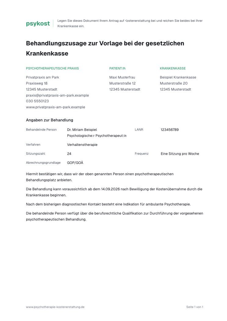 Erste Seite: Behandlungszusage
